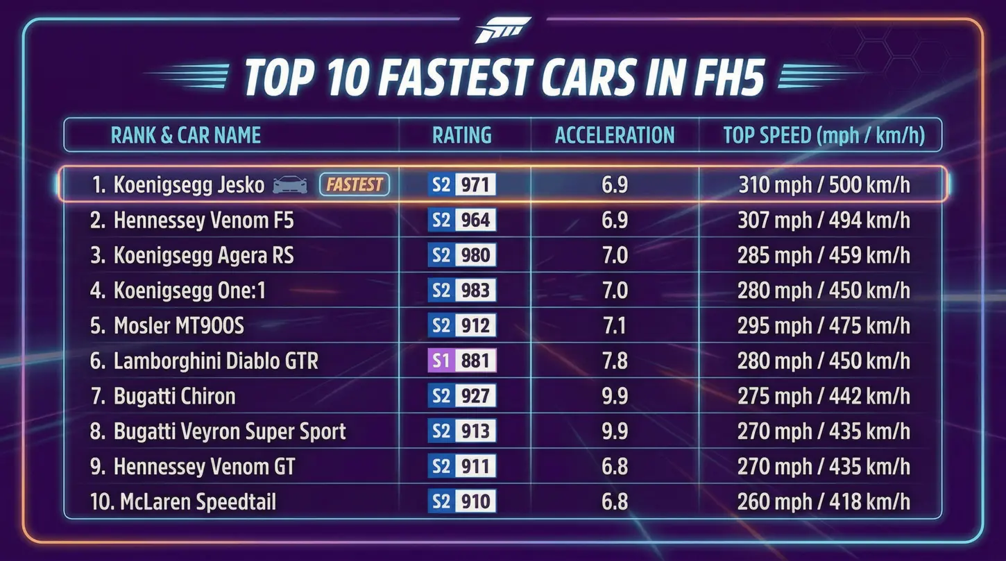 top 10 fastest cars in Forza Horizon 5 with speed and acceleration stats