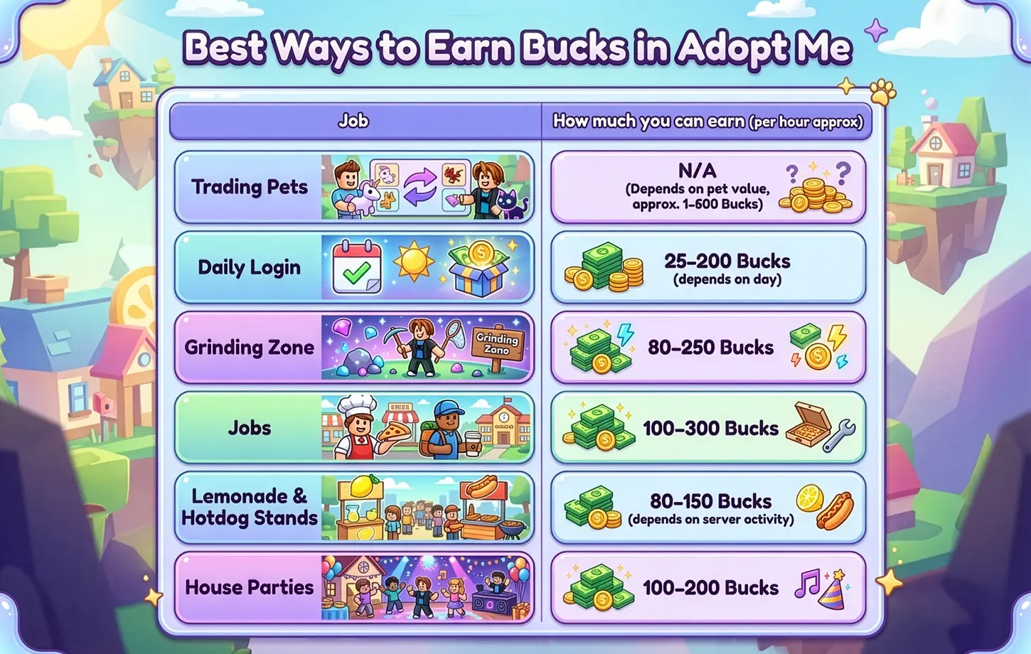 Infographic of best ways to earn bucks in Adopt Me, showing jobs, trading, grinding, and more with approximate hourly earnings